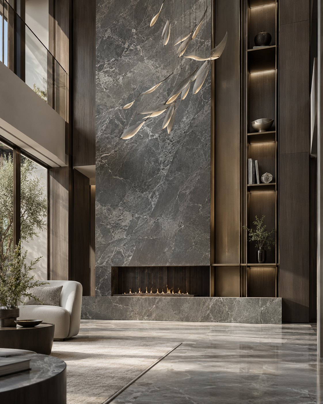 Concept image showing a double-height stone feature wall and interior material details