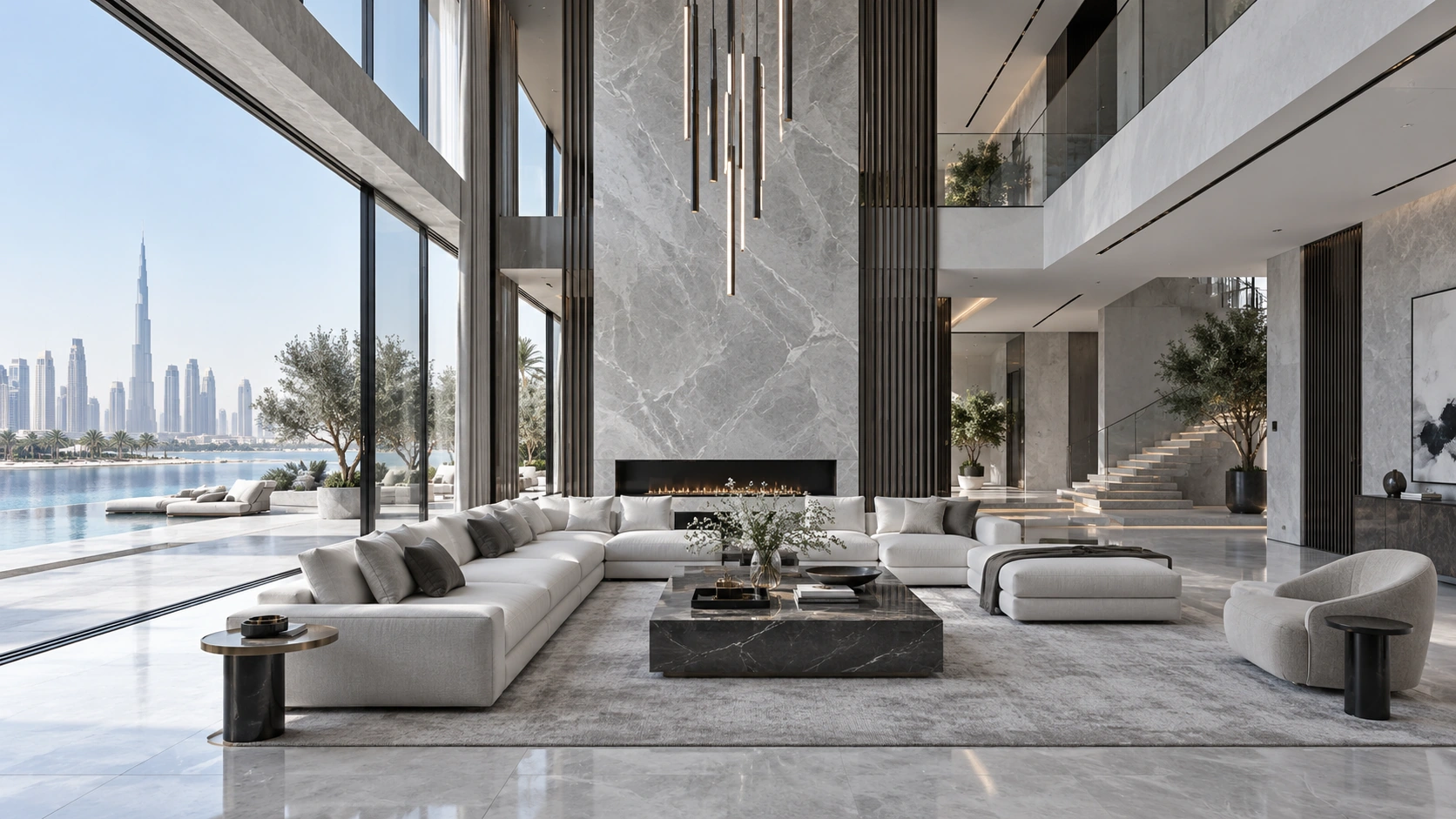 Concept visualization of a cool-toned double-height residential interior