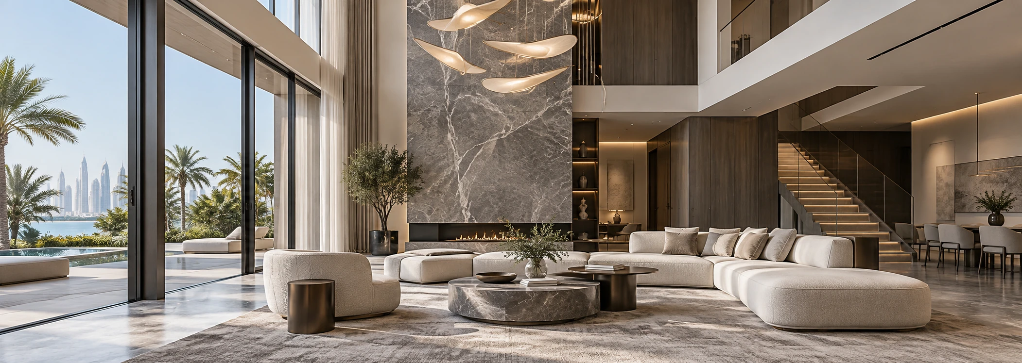 Concept image of a contemporary double-height living room