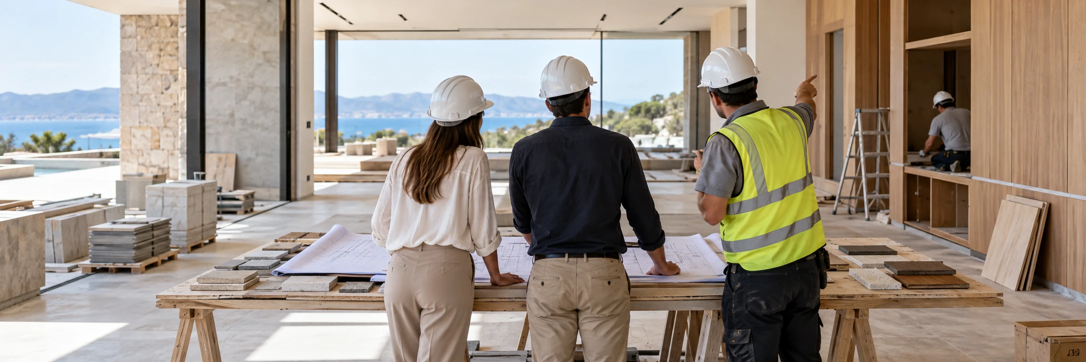 Concept image of a team reviewing plans on an interior fit-out site