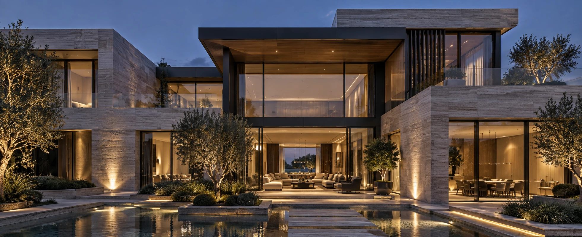 Concept image of a contemporary villa at dusk