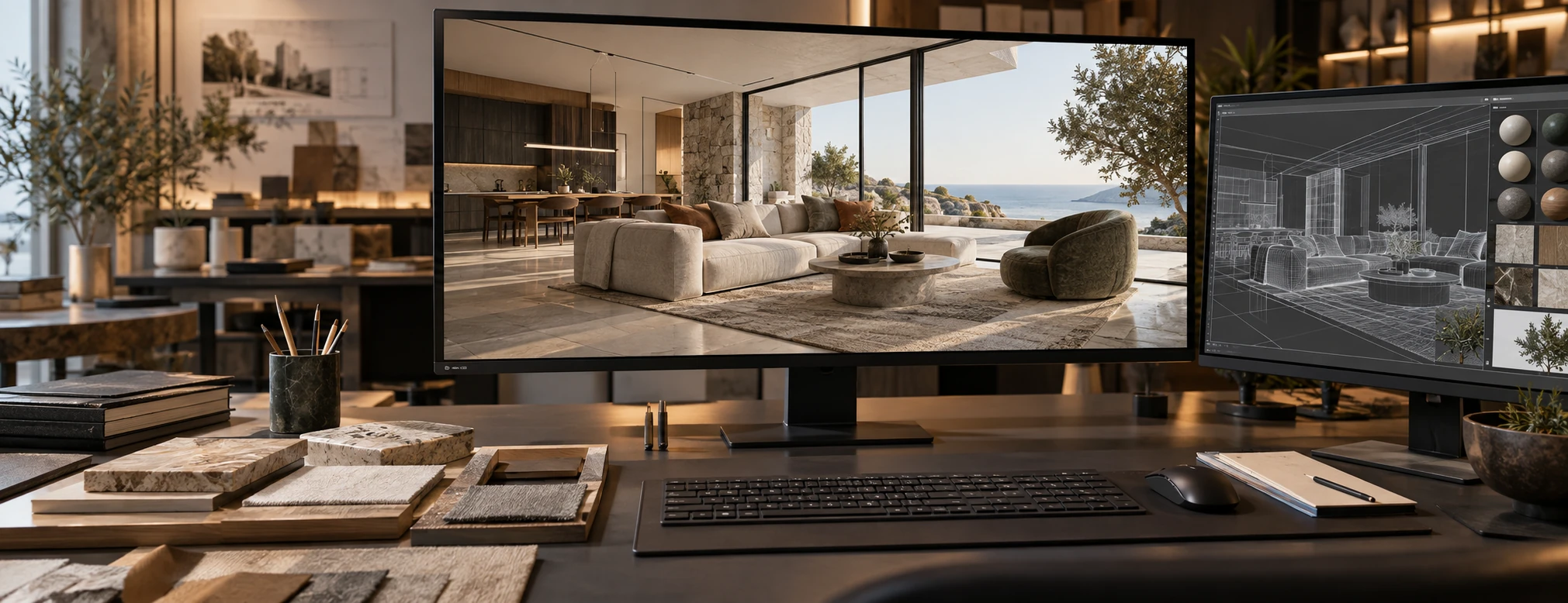 Concept image of an interior design visualization workstation